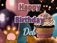 Happy Birthday Deb GIF: Cute Kitten Birthday Cupcake GIF with a cupcake raised by a cats head, then it pulls down text reading Happy Birthday Name
