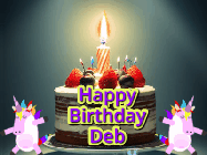 Happy Birthday Deb GIF: An animated gif with 2 unicorns and a birthday candle on a cake.