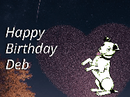 Happy Birthday Deb GIF: Happy Birthday GIF at night with a cute drawn dog, floating balloons, and a shooting star in front of a heart shaped star formation.