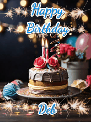 Happy Birthday Deb GIF: Sparkles and glitter happy birthday gif with a cake and flickering candles and sparklers behind the words happy birthday customize