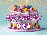 Happy Birthday Deb GIF: A beautiful birthday cake gif with animated sparkles and glitter Happy Birthday Name you can customize