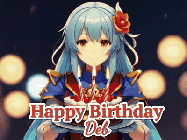 Happy Birthday Deb GIF: Anime girl holding a birthday cake and an animated sword falls into it. Text reads Happy Birthday Customize