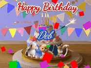 Happy Birthday Deb GIF: Happy Birthday Cake GIF with a cat, lamb, and squirrel on the cake with flickering candles, a sparkler, and falling confetti. Reads Happy Birthday Name and you can customize the name