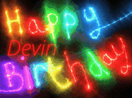 Happy Birthday Devin GIF: Flashing neon happy birthday gif with a name you can customize. The Happy Birthday is colourful.