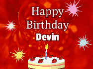 Happy Birthday Devin GIF: A bright red happy birthday gif animated with a cake candle, and glitter and sparkles. Customize with name.
