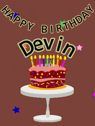 Happy Birthday Devin GIF: Animated birthday gif of a chocolate cartoon cake and stars. Animated text can be customized with name.