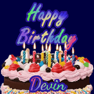 Happy Birthday Devin GIF: A dark blue birthday gif with a beautiful cake with flickering candles, background sparkles and a name to customize.