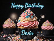 Happy Birthday Devin GIF: A delicious cupcake gif with animated sparkles reading Happy Birthday with a name to customize