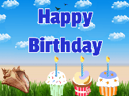Happy Birthday Devin GIF: A beach crab displays the birthday name that you can customize on a beach with cupcakes. Animated, cute, weird.