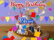 Happy Birthday Devin GIF: Happy Birthday Cake GIF with a cat, lamb, and squirrel on the cake with flickering candles, a sparkler, and falling confetti. Reads Happy Birthday Name and you can customize the name