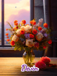 Happy Birthday Devin GIF: A vase of flowers and animated hearts pop in and out as the words Happy Birthday Name appears that you can customize