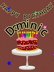 Happy Birthday Dominic GIF: Animated birthday gif of a chocolate cartoon cake and stars. Animated text can be customized with name.