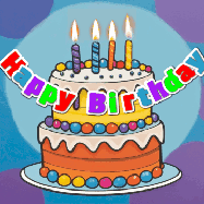 Happy Birthday Eric GIF: Festive birthday cake GIF with name, stars, hearts, and confetti streaking past and flickering candles.
