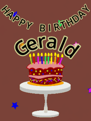 Happy Birthday Gerald GIF: Animated birthday gif of a chocolate cartoon cake and stars. Animated text can be customized with name.