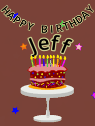 Happy Birthday Jeff GIF: Animated birthday gif of a chocolate cartoon cake and stars. Animated text can be customized with name.