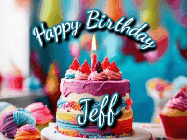 Happy Birthday Jeff GIF: Animated Happy Birthday Gif reading Happy Birthday Customize. Depicts a colorful birthday with flickering candles and glitter.