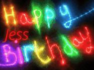 Happy Birthday Jess GIF: Flashing neon happy birthday gif with a name you can customize. The Happy Birthday is colourful.