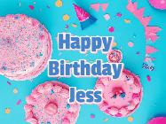 Happy Birthday Jess GIF: Happy birthday animated gif on this beautiful cake background and confetti with flowers, hearts, and stars.