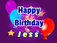 Happy Birthday Jess GIF: A lovely purple birthday gif animated with moving text, a balloon, and bubbles. Customize it.