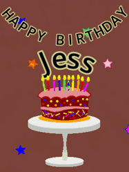 Happy Birthday Jess GIF: Animated birthday gif of a chocolate cartoon cake and stars. Animated text can be customized with name.
