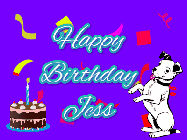 Happy Birthday Jess GIF: Silly happy birthday gif with a cute dog in a corner and rainbow animation confetti. Birthday cake in order with candle.