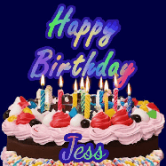 Happy Birthday Jess GIF: A dark blue birthday gif with a beautiful cake with flickering candles, background sparkles and a name to customize.