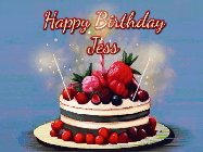 Happy Birthday Jess GIF: Animated GIF of a birthday cake covered in berries with 2 sparklers and a candle, reads Happy Birthday Name. Customize it.