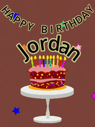 Happy Birthday Jordan GIF: Animated birthday gif of a chocolate cartoon cake and stars. Animated text can be customized with name.