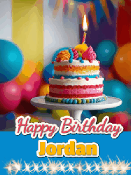 Happy Birthday Jordan GIF: A birthday card gif with a cake and candle and a blue ribbon with animated sparklers. Reads Happy Birthday Name