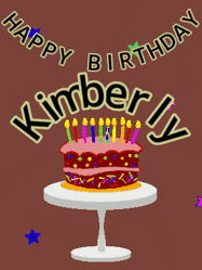 Happy Birthday Kimberly GIF: Animated birthday gif of a chocolate cartoon cake and stars. Animated text can be customized with name.