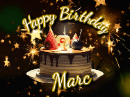 Happy Birthday Marc GIF: Bursting stars fall past a birthday cake in this animated birthday gif with name you can customize. Dark background.