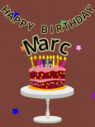 Happy Birthday Marc GIF: Animated birthday gif of a chocolate cartoon cake and stars. Animated text can be customized with name.