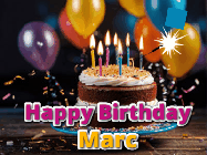 Happy Birthday Marc GIF: A birthday cake with flickering candles gif with text reading Happy Birthday and a Name slot to customize