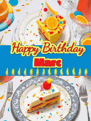 Happy Birthday Marc GIF: Happy Birthday GIF showing a birthday cake place setting with a row of candles under a 2 line banner to customize.