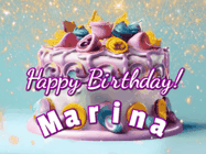 Happy Birthday Marina GIF: A beautiful birthday cake gif with animated sparkles and glitter Happy Birthday Name you can customize