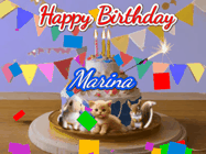 Happy Birthday Marina GIF: Happy Birthday Cake GIF with a cat, lamb, and squirrel on the cake with flickering candles, a sparkler, and falling confetti. Reads Happy Birthday Name and you can customize the name