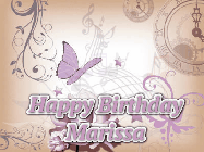 Happy Birthday Marissa GIF: Classical birthday gif background with colorful musical notes floating past and a name you can customize, reads Happy Birthday.