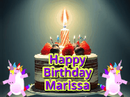 Happy Birthday Marissa GIF: An animated gif with 2 unicorns and a birthday candle on a cake.