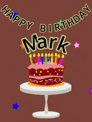 Happy Birthday Mark GIF: Animated birthday gif of a chocolate cartoon cake and stars. Animated text can be customized with name.