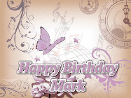 Happy Birthday Mark GIF: Classical birthday gif background with colorful musical notes floating past and a name you can customize, reads Happy Birthday.