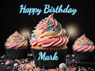 Happy Birthday Mark GIF: A delicious cupcake gif with animated sparkles reading Happy Birthday with a name to customize