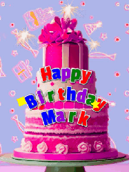 Happy Birthday Mark GIF: A big beautiful birthday cake gif with falling confetti, sparklers, and balloons, reads Happy Birthday Name. Customize it.