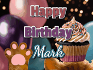 Happy Birthday Mark GIF: Cute Kitten Birthday Cupcake GIF with a cupcake raised by a cats head, then it pulls down text reading Happy Birthday Name