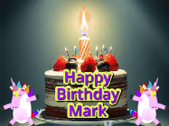 Happy Birthday Mark GIF: An animated gif with 2 unicorns and a birthday candle on a cake.
