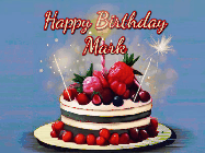 Happy Birthday Mark GIF: Animated GIF of a birthday cake covered in berries with 2 sparklers and a candle, reads Happy Birthday Name. Customize it.