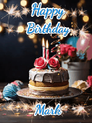 Happy Birthday Mark GIF: Sparkles and glitter happy birthday gif with a cake and flickering candles and sparklers behind the words happy birthday customize