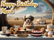 Happy Birthday Mark GIF: Animated birthday gif with a dog at a fancy birthday table loaded with cakes as hearts appear. It reads Happy Birthday Customize.