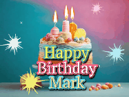 Happy Birthday Mark GIF: A colorful animated Happy Birthday Cake GIF with swirling sparkles and flickering candles. It reads Happy Birthday Name