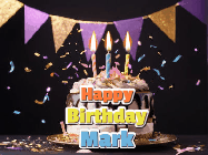 Happy Birthday Mark GIF: Happy birthday cake animated gif with flickering candles, animated text, and falling confetti. Customize text reading Happy Birthday Customize.