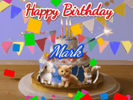 Happy Birthday Mark GIF: Happy Birthday Cake GIF with a cat, lamb, and squirrel on the cake with flickering candles, a sparkler, and falling confetti. Reads Happy Birthday Name and you can customize the name